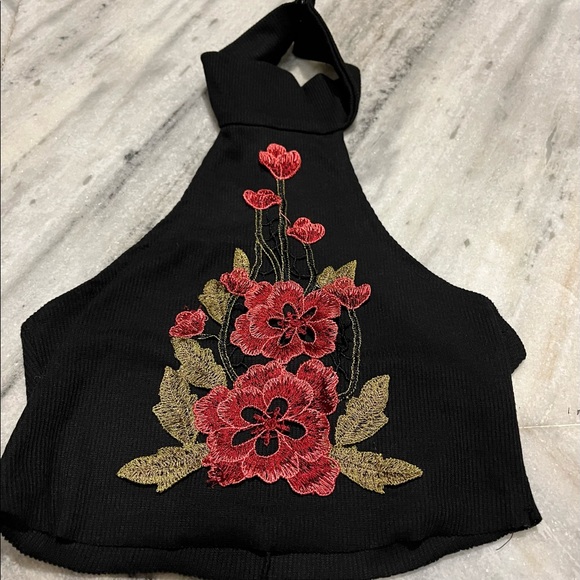 embroidered black halter neck top small (s) - Picture 3 of 7
